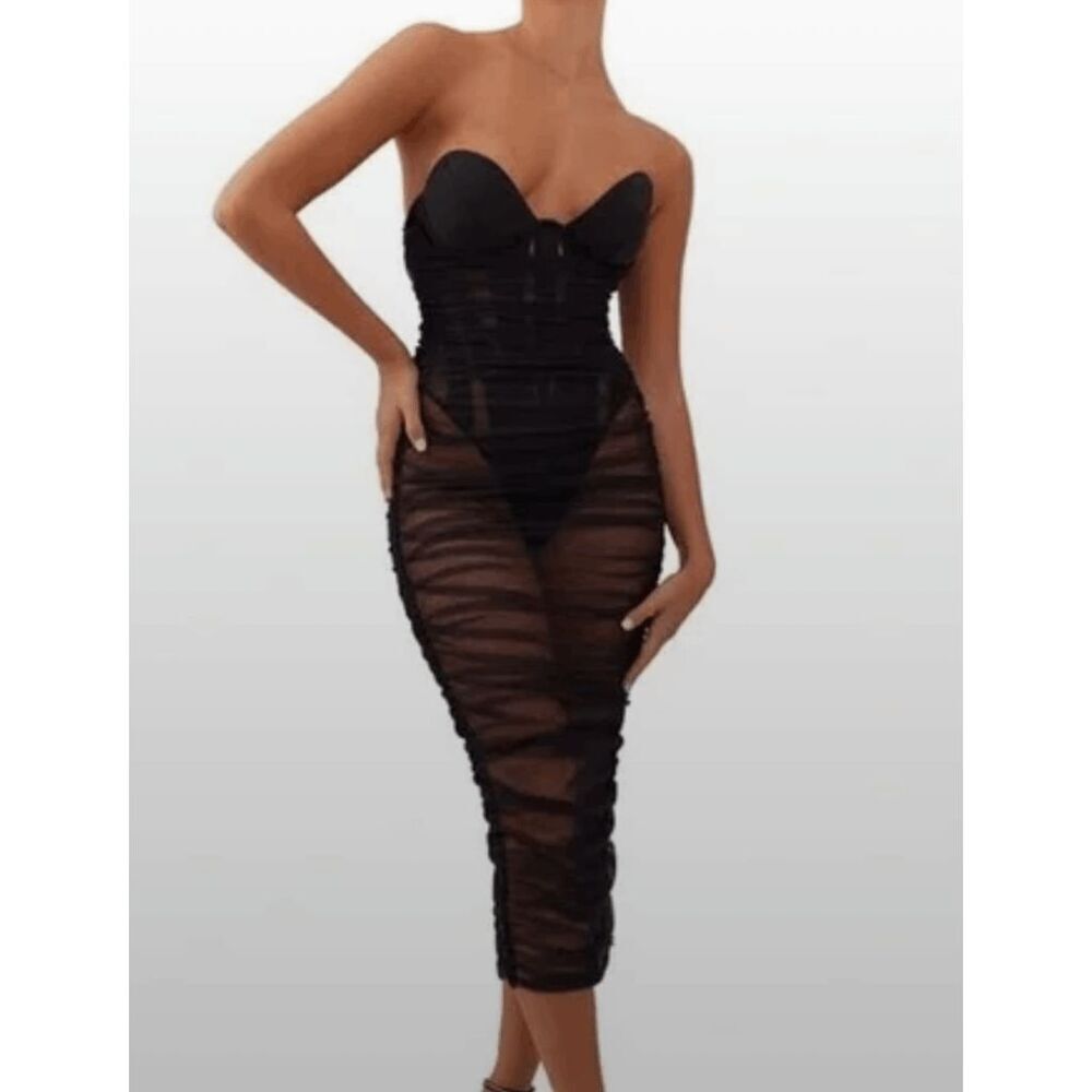 NWT Heiress Beverly Hills Black Strapless Corset Panel Tulle Midi Dress Women's
